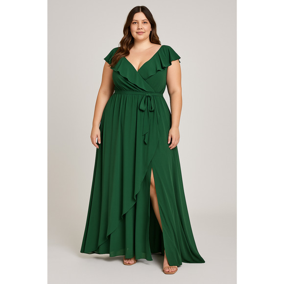 Baltic Born Katya Ruffle Dress Womens XL Green Faux Wrap Maxi Belted Formal - Picture 1 of 15